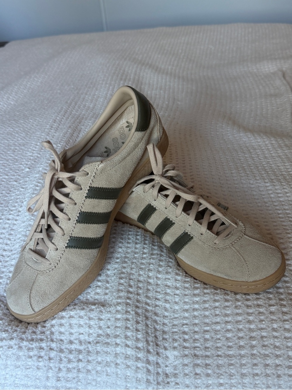 adidas Beige Suede Sneakers with Olive Stripes
